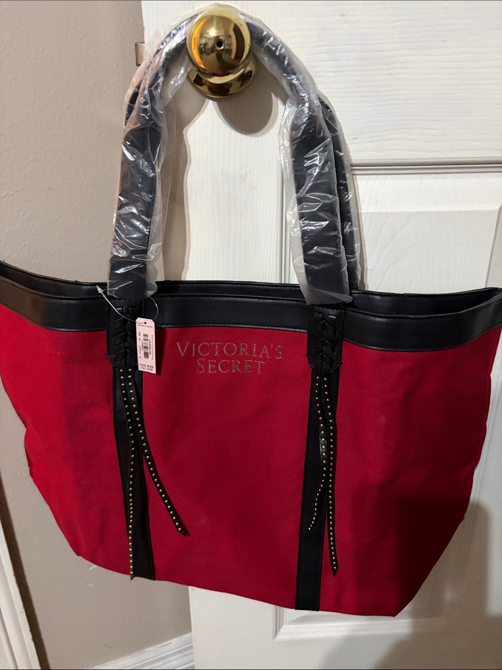 Victoria's Secret Red Canvas Tote with Black Trim and Gold Logo